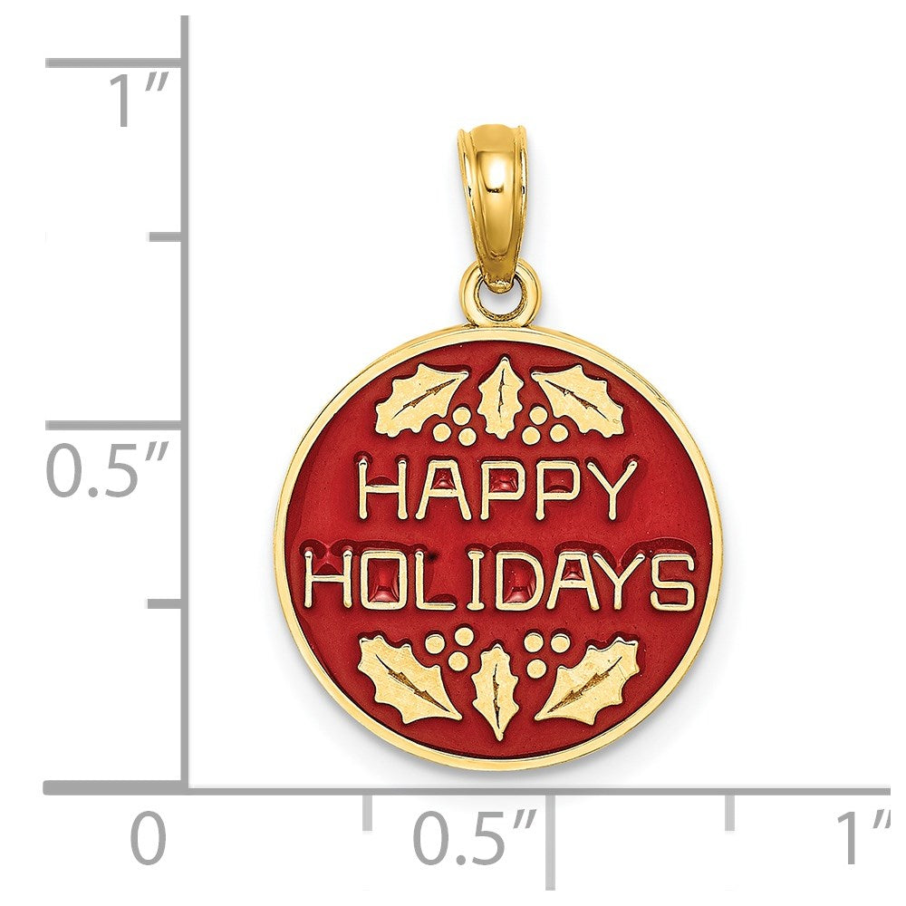 14 Karat Gelbgold mit Emaille „HAPPY HOLIDAYS“ mit Stechpalme auf rundem Scheiben-Charm