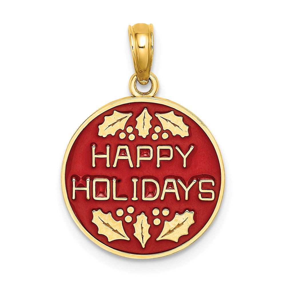 14 Karat Gelbgold mit Emaille „HAPPY HOLIDAYS“ mit Stechpalme auf rundem Scheiben-Charm