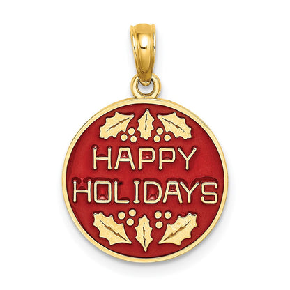 14 Karat Gelbgold mit Emaille „HAPPY HOLIDAYS“ mit Stechpalme auf rundem Scheiben-Charm