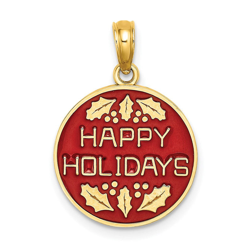 14 Karat Gelbgold mit Emaille „HAPPY HOLIDAYS“ mit Stechpalme auf rundem Scheiben-Charm