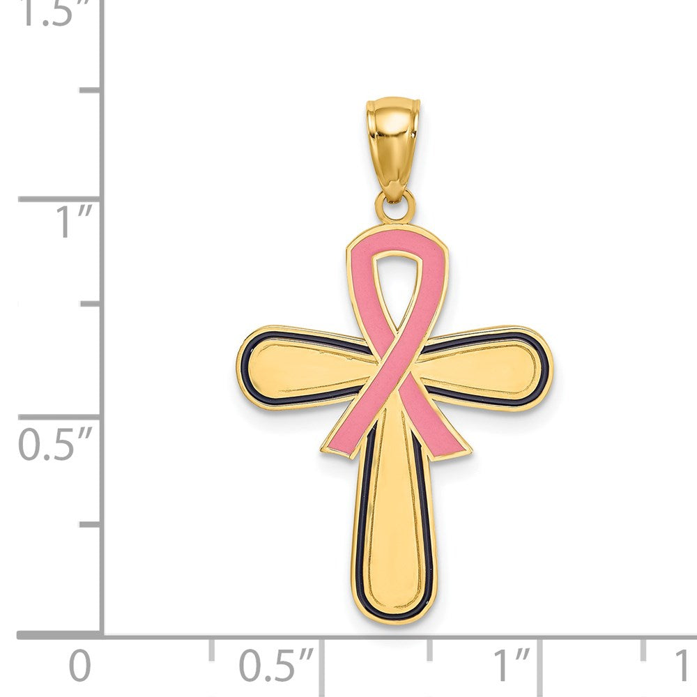 14K Gelbgold Emaille Rosa Schleife Breast Cancer Kreuz
