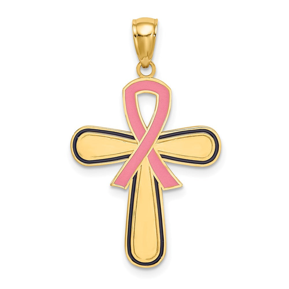 14K Gelbgold Emaille Rosa Schleife Breast Cancer Kreuz