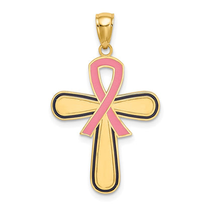 14K Gelbgold Emaille Rosa Schleife Breast Cancer Kreuz