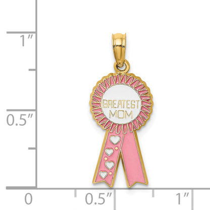 14K Gelbgold Charm "GREATEST MOM" mit Emaille und pinker Schleife