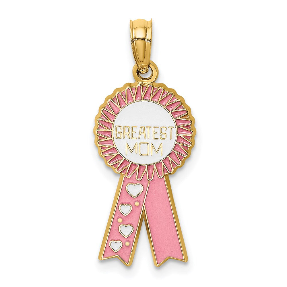 14K Gelbgold Charm "GREATEST MOM" mit Emaille und pinker Schleife