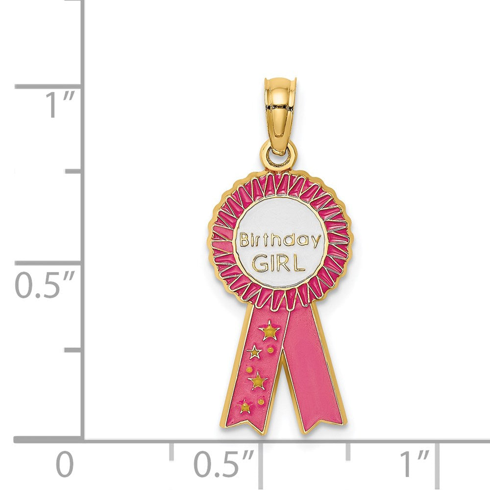 14K Gelbgold Emaille Geburtstag Mädchen Rosa Schleife Charm