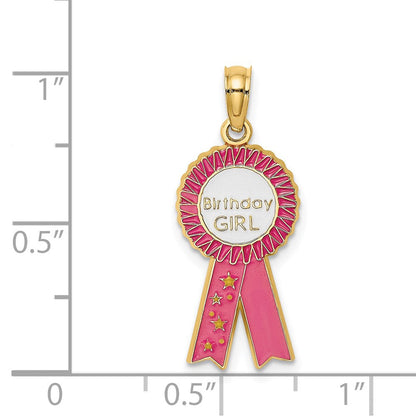 14K Gelbgold Emaille Geburtstag Mädchen Rosa Schleife Charm