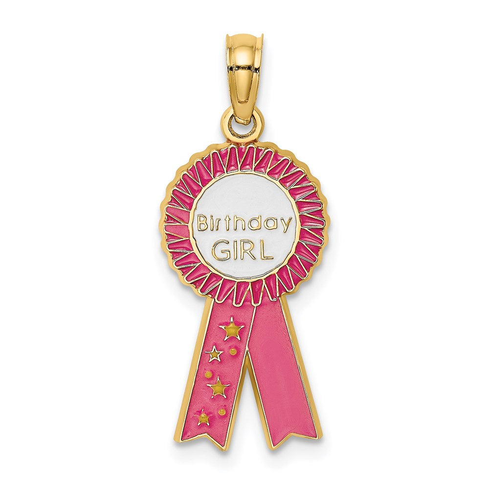 14K Gelbgold Emaille Geburtstag Mädchen Rosa Schleife Charm