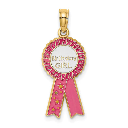 14K Gelbgold Emaille Geburtstag Mädchen Rosa Schleife Charm
