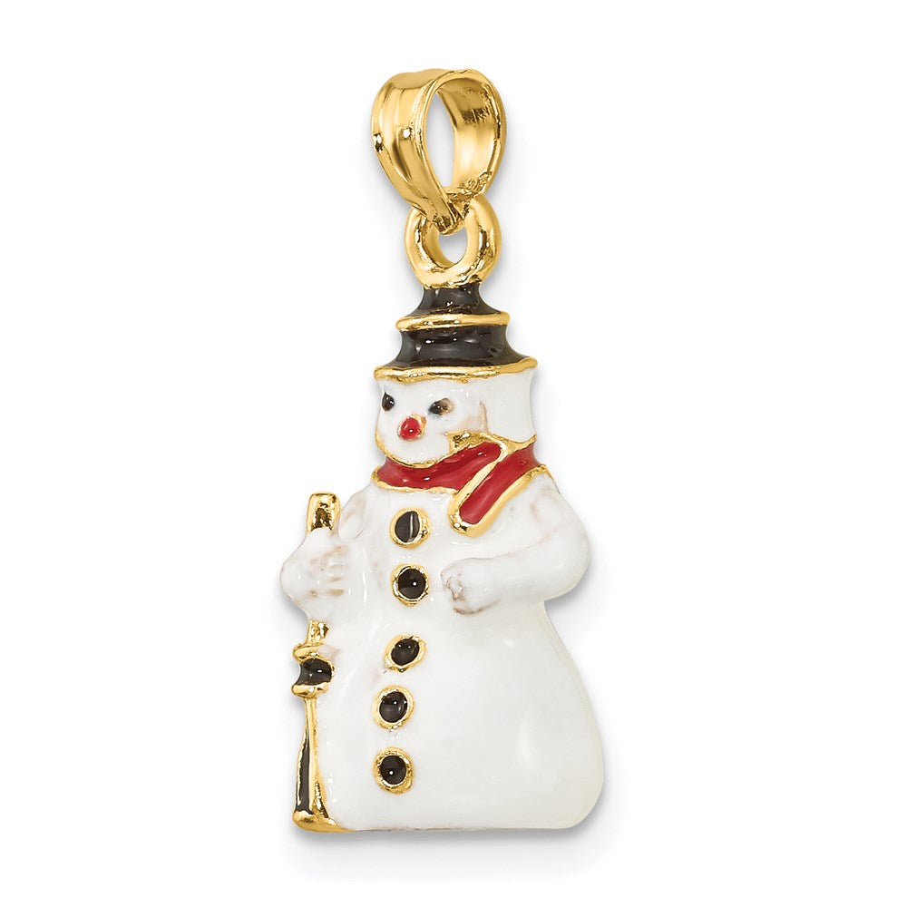 14 Karat Gelbgold 3-D-Emaille-Schneemann-Charm mit Besen