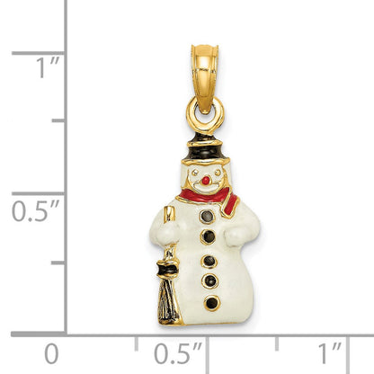 14 Karat Gelbgold 3-D-Emaille-Schneemann-Charm mit Besen
