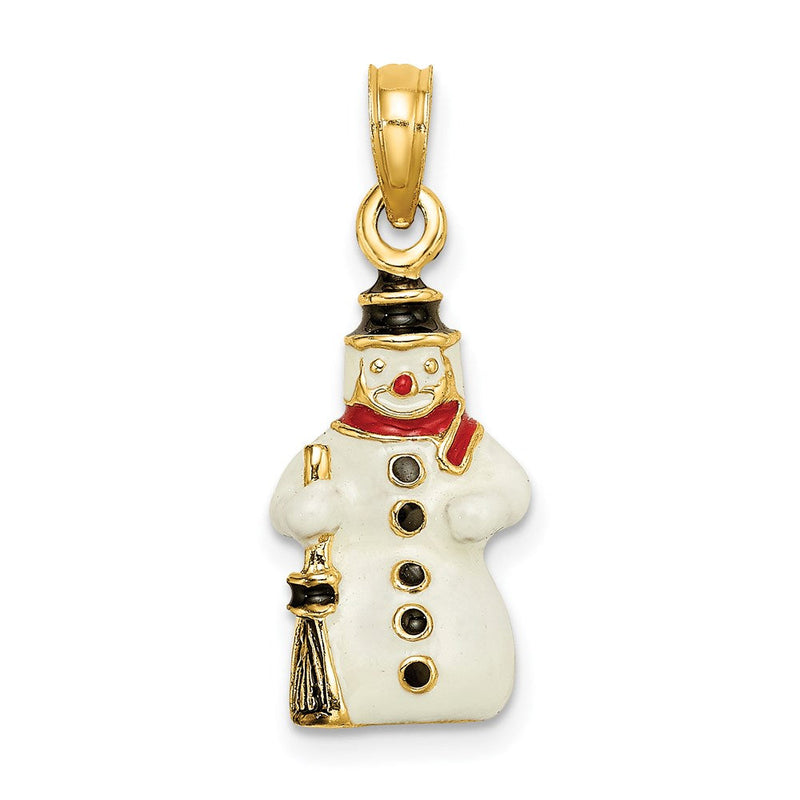 14 Karat Gelbgold 3-D-Emaille-Schneemann-Charm mit Besen