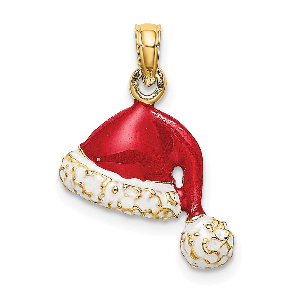 14K Gelbgold 3-D Weihnachtsmütze-Charm mit rotem und weißem Email