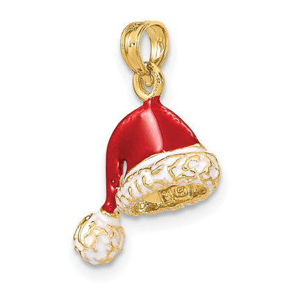 14K Gelbgold 3-D Weihnachtsmütze-Charm mit rotem und weißem Email