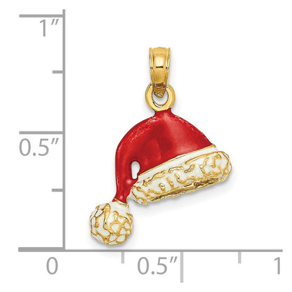 14K Gelbgold 3-D Weihnachtsmütze-Charm mit rotem und weißem Email