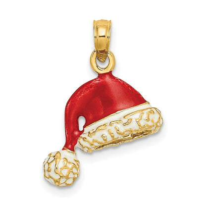 14K Gelbgold 3-D Weihnachtsmütze-Charm mit rotem und weißem Email