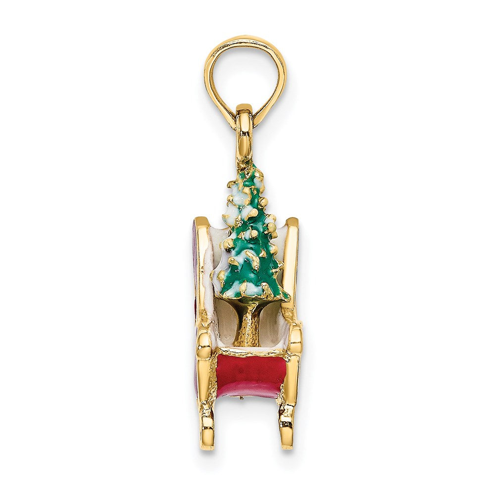 14K Gelbgold 3-D Emaille-Schlitten mit Weihnachtsbaum Charm