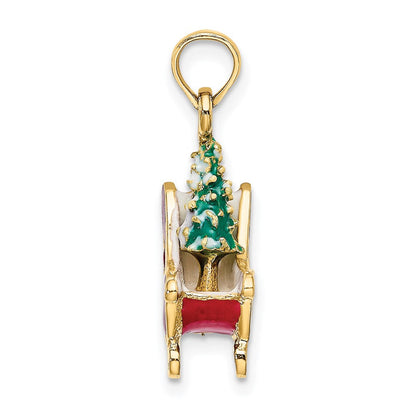 14K Gelbgold 3-D Emaille-Schlitten mit Weihnachtsbaum Charm