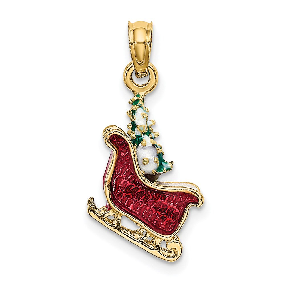 14K Gelbgold 3-D Emaille-Schlitten mit Weihnachtsbaum Charm