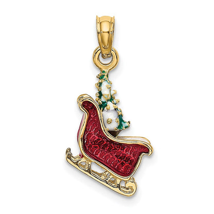 14K Gelbgold 3-D Emaille-Schlitten mit Weihnachtsbaum Charm