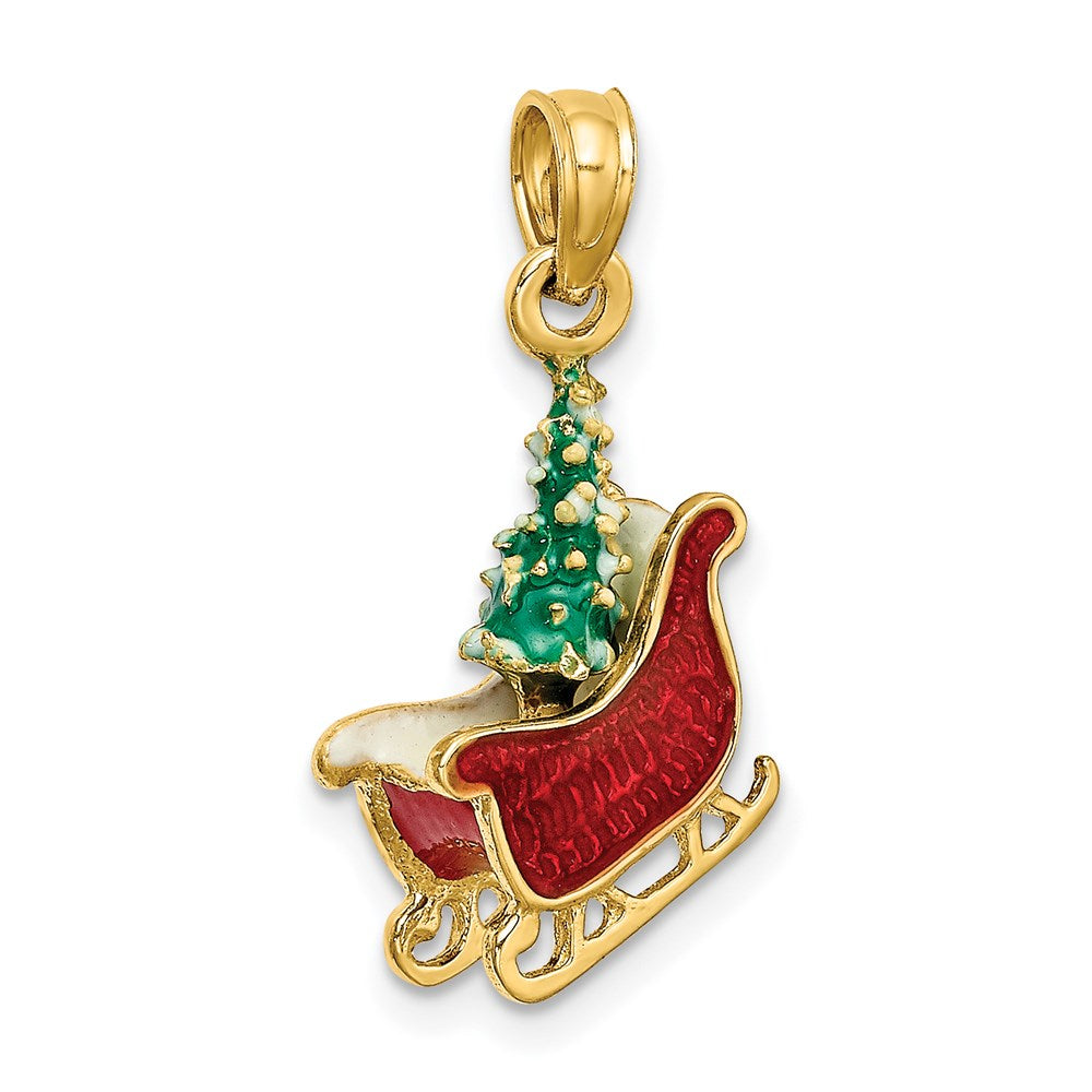 14K Gelbgold 3-D Emaille-Schlitten mit Weihnachtsbaum Charm