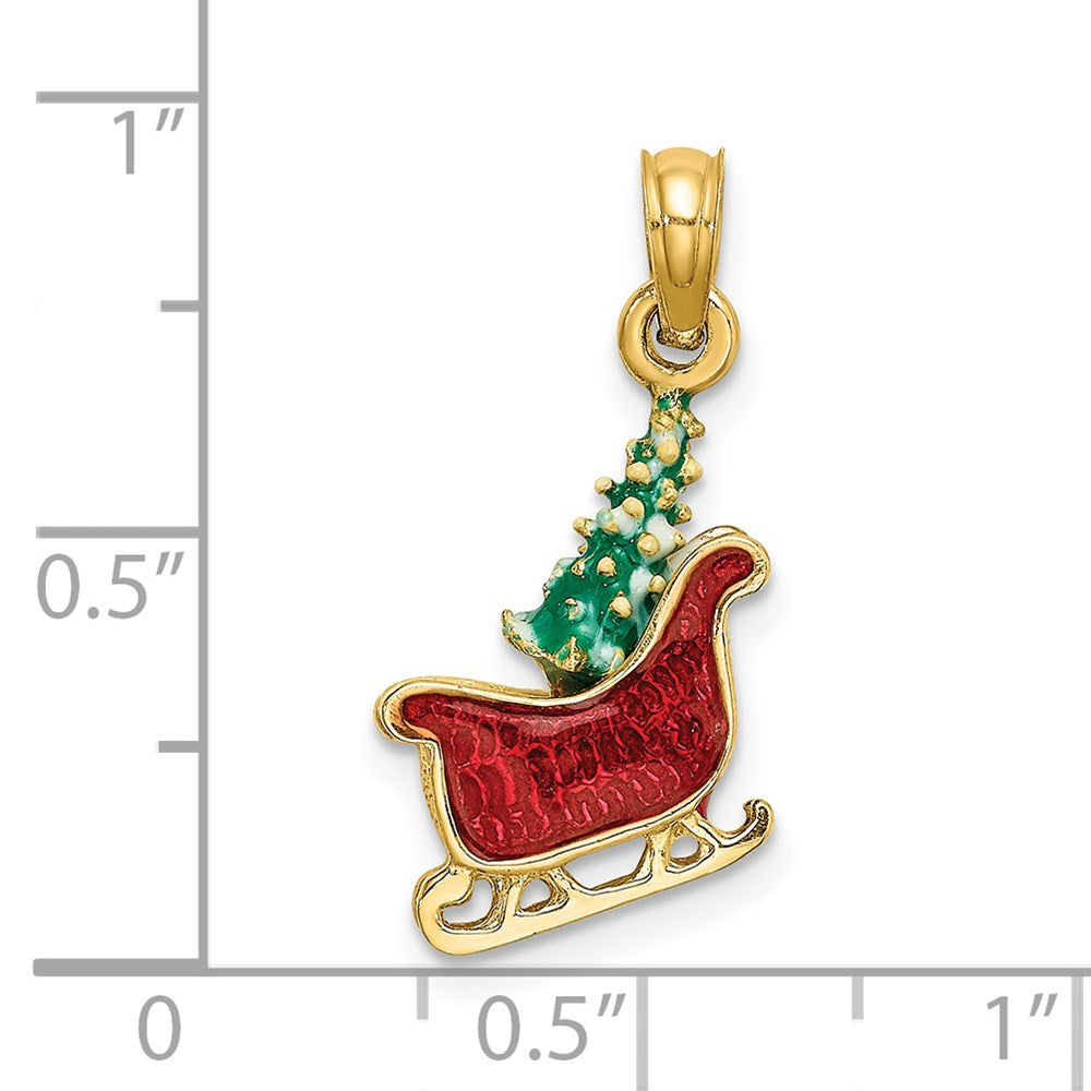 14K Gelbgold 3-D Emaille-Schlitten mit Weihnachtsbaum Charm