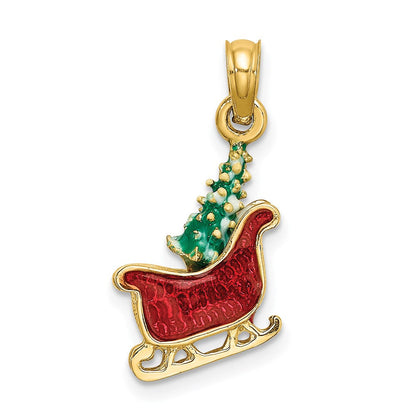 14K Gelbgold 3-D Emaille-Schlitten mit Weihnachtsbaum Charm