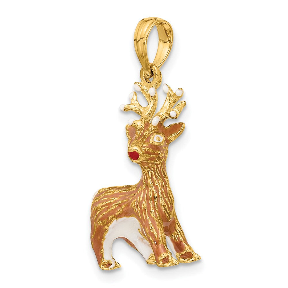 14K Gelbgold 3-D Emaille Rentier mit roter Nase Charm