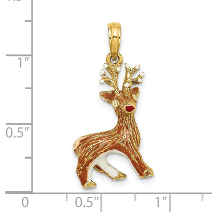 14K Gelbgold 3-D Emaille Rentier mit roter Nase Charm