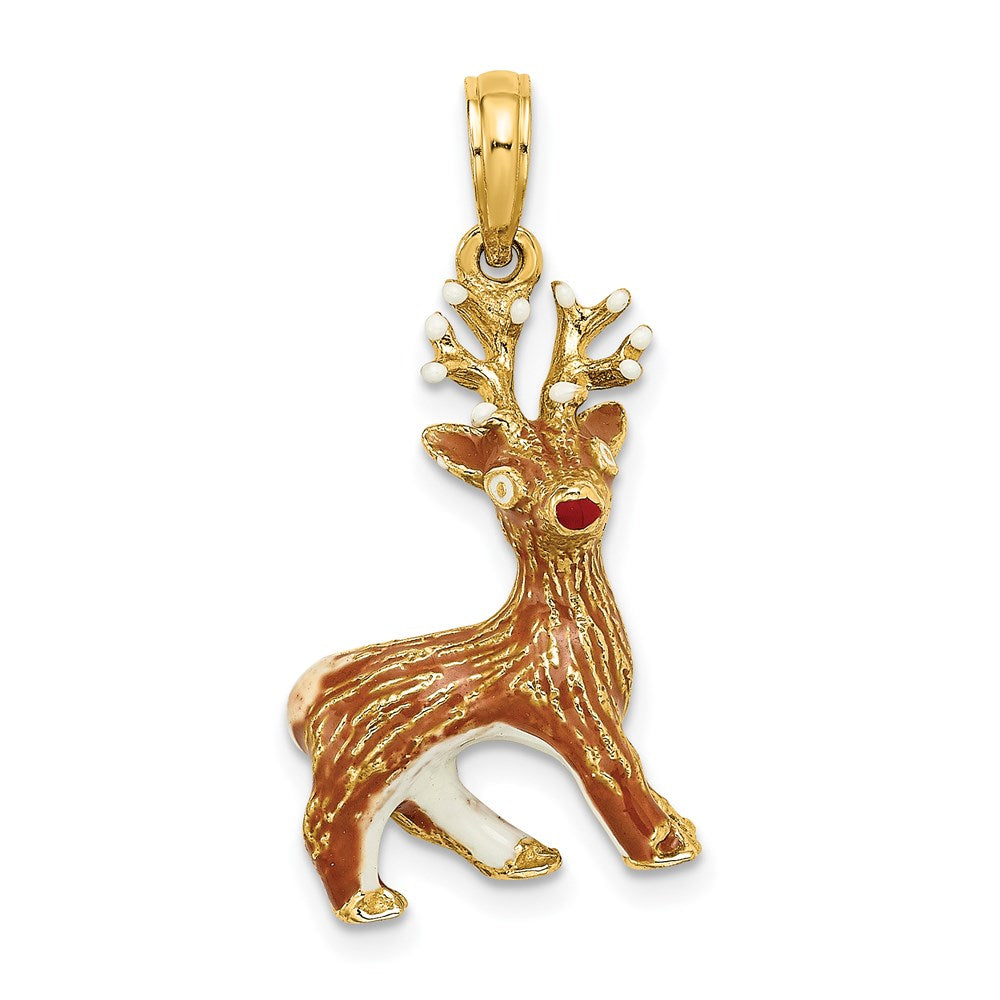 14K Gelbgold 3-D Emaille Rentier mit roter Nase Charm