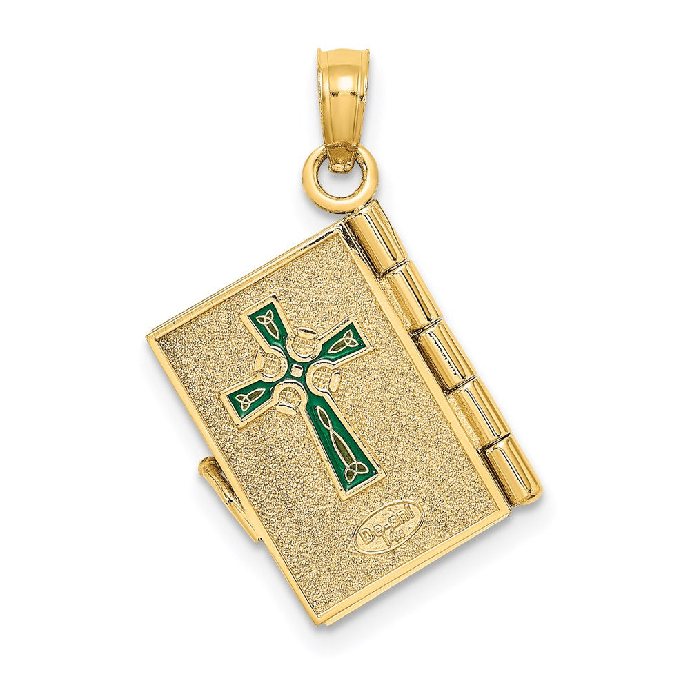 14K Gelbgold 3-D beweglicher emaillierter "AN IRISH PRAYER" Buch-Charm mit Kleeblatt