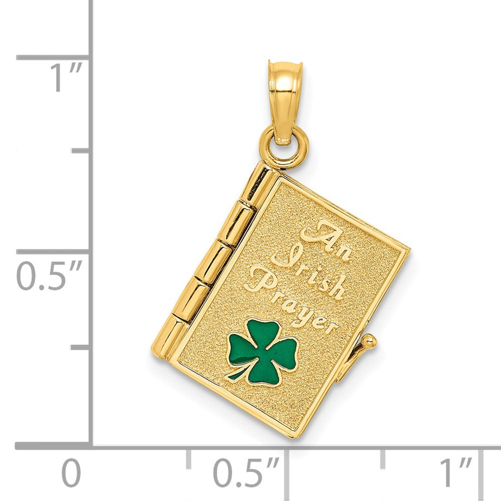 14K Gelbgold 3-D beweglicher emaillierter "AN IRISH PRAYER" Buch-Charm mit Kleeblatt