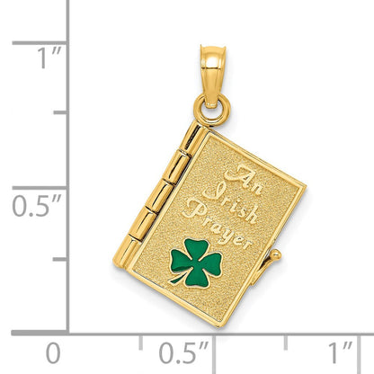 14K Gelbgold 3-D beweglicher emaillierter "AN IRISH PRAYER" Buch-Charm mit Kleeblatt