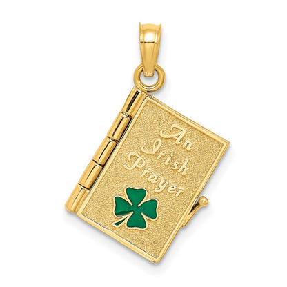14K Gelbgold 3-D beweglicher emaillierter "AN IRISH PRAYER" Buch-Charm mit Kleeblatt