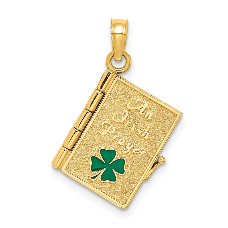 14K Gelbgold 3-D beweglicher emaillierter "AN IRISH PRAYER" Buch-Charm mit Kleeblatt