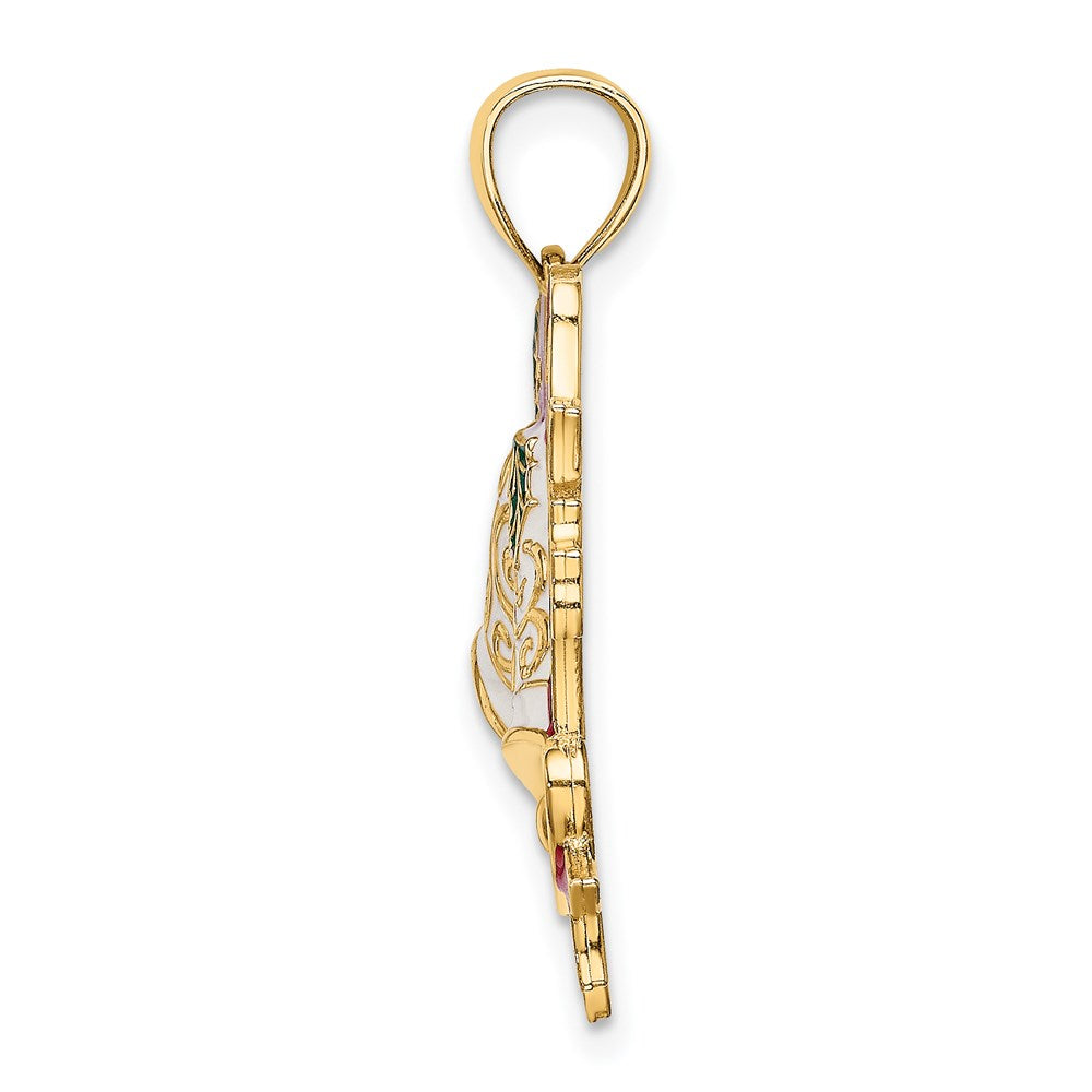 14K Gelbgold Emaille-Anhänger „Weihnachtsglocken und Stechpalme