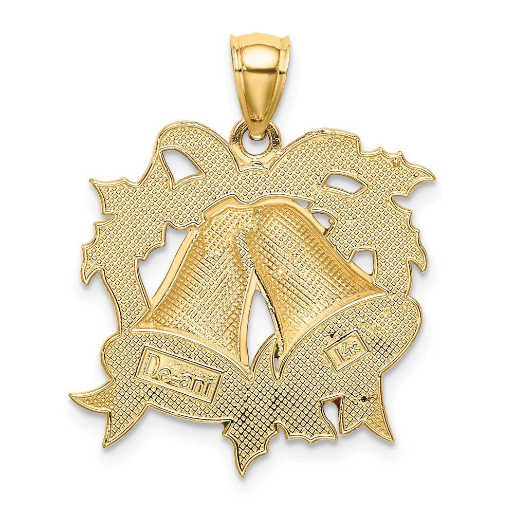 14K Gelbgold Emaille-Anhänger „Weihnachtsglocken und Stechpalme