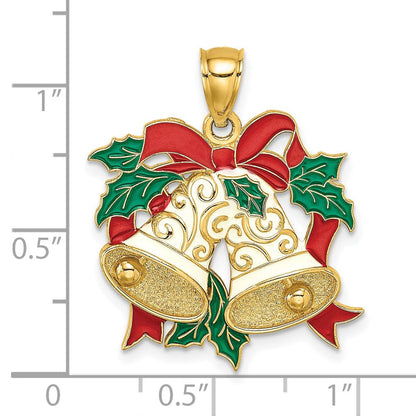 14K Gelbgold Emaille-Anhänger „Weihnachtsglocken und Stechpalme