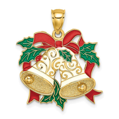 14K Gelbgold Emaille-Anhänger „Weihnachtsglocken und Stechpalme