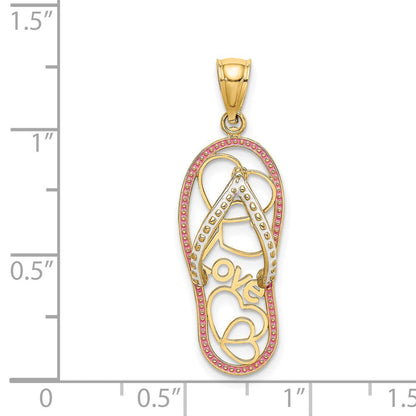14K Gelbgold Multi-Herz-Liebes-Flip-Flop-Charm mit rosa und weißer Emaille