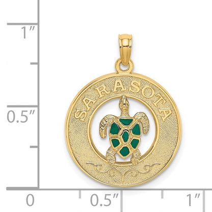 14K Gelbgold Charm mit Emaille-Schildkröte "SARASOTA" im Kreis-Design