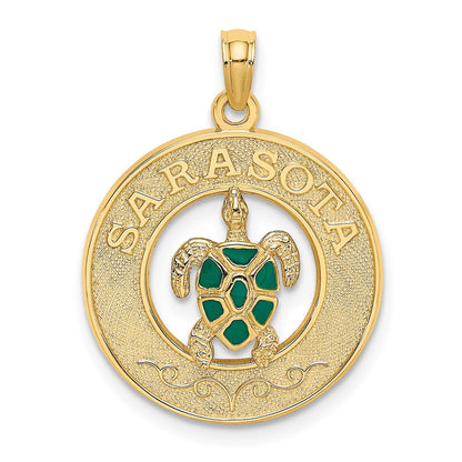 14K Gelbgold Charm mit Emaille-Schildkröte "SARASOTA" im Kreis-Design