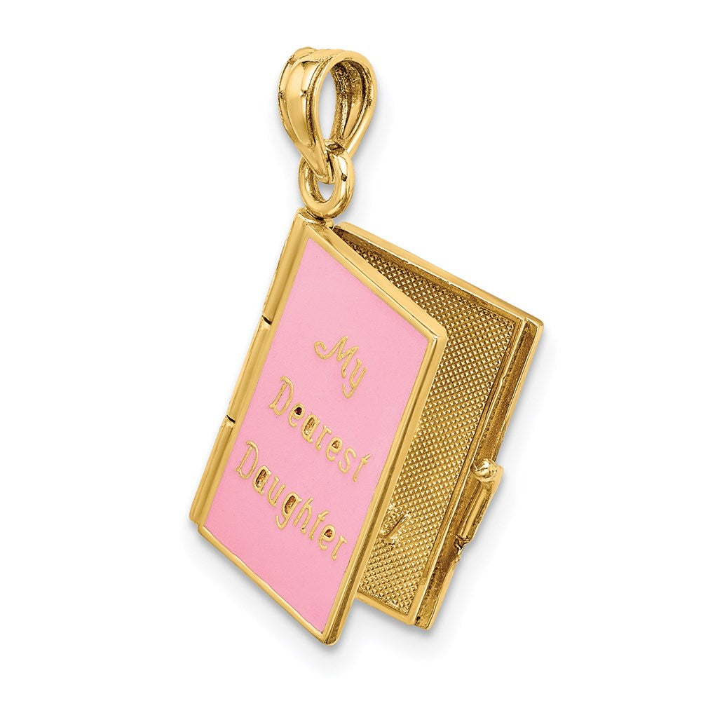 14K Gelbgold Charm mit rosa Emaille "MEINE LIEBSTE TOCHTER" Buch, 3D