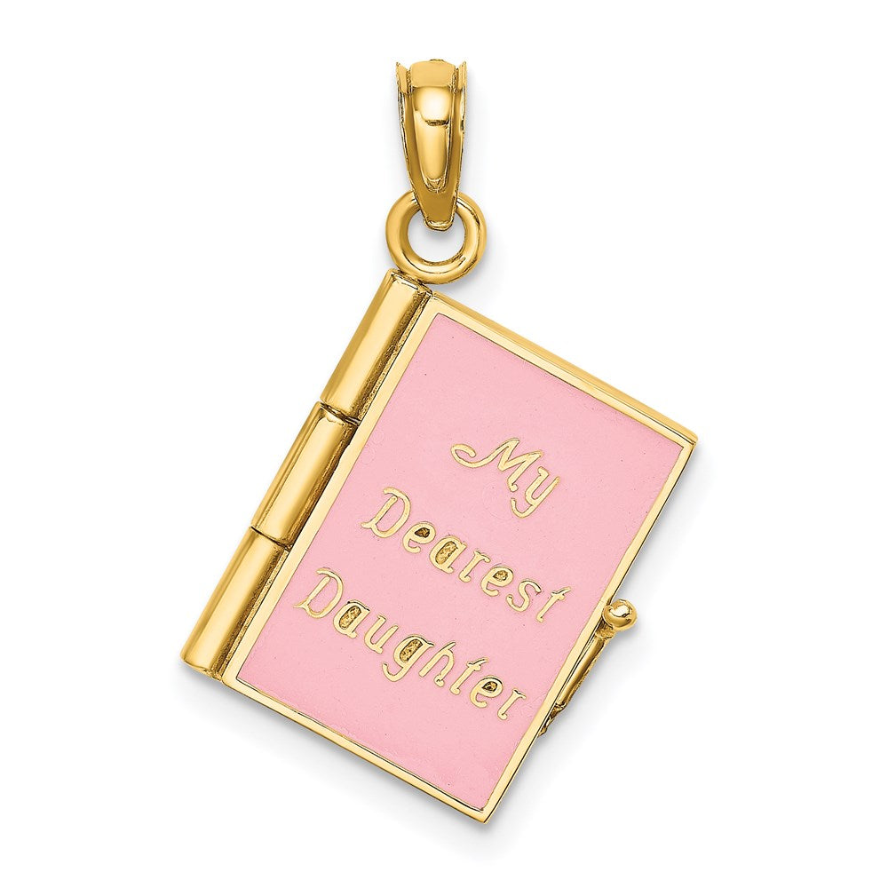 14K Gelbgold Charm mit rosa Emaille "MEINE LIEBSTE TOCHTER" Buch, 3D