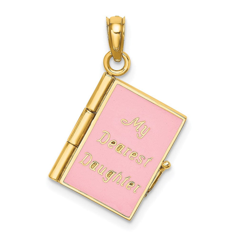 14K Gelbgold Charm mit rosa Emaille "MEINE LIEBSTE TOCHTER" Buch, 3D