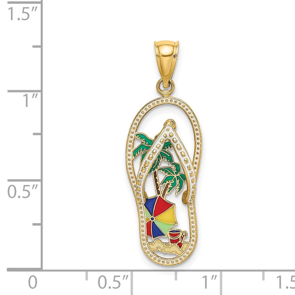 14K Gelbgold Emaille Palme Baum Beach Scene Flip-flop Charm