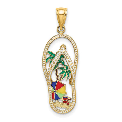 14K Gelbgold Emaille Palme Baum Beach Scene Flip-flop Charm