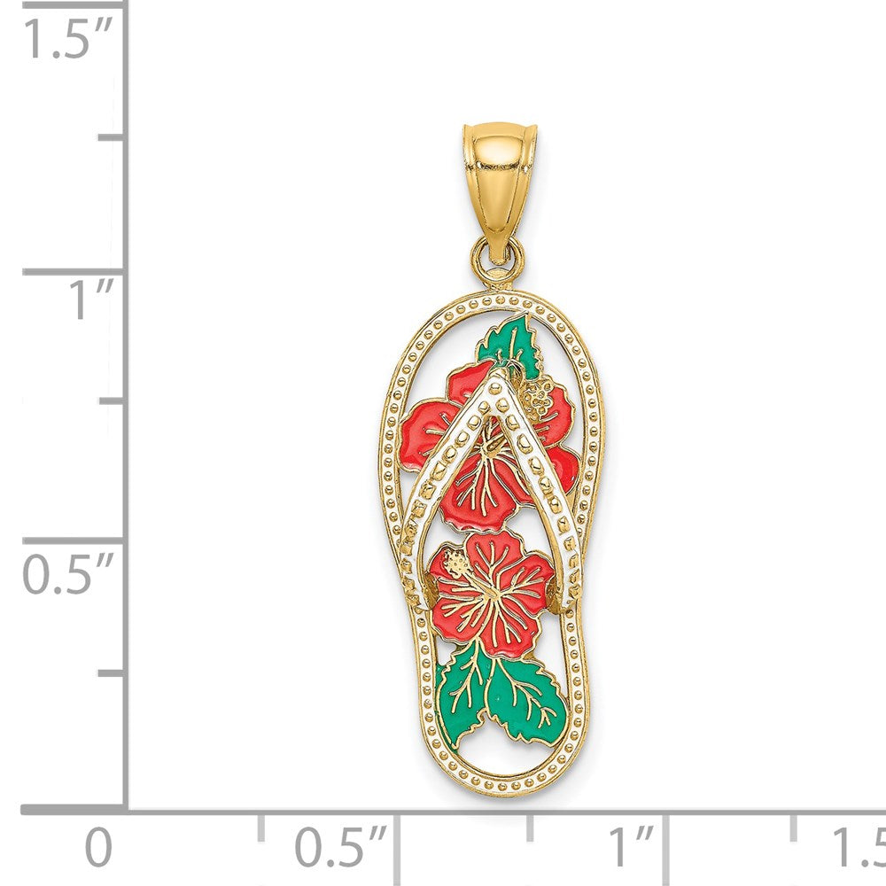 14K Gelbgold Emaille-Charm „Rote Hibiskusblüte-Flip-Flop“