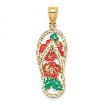 14K Gelbgold Emaille-Charm „Rote Hibiskusblüte-Flip-Flop“