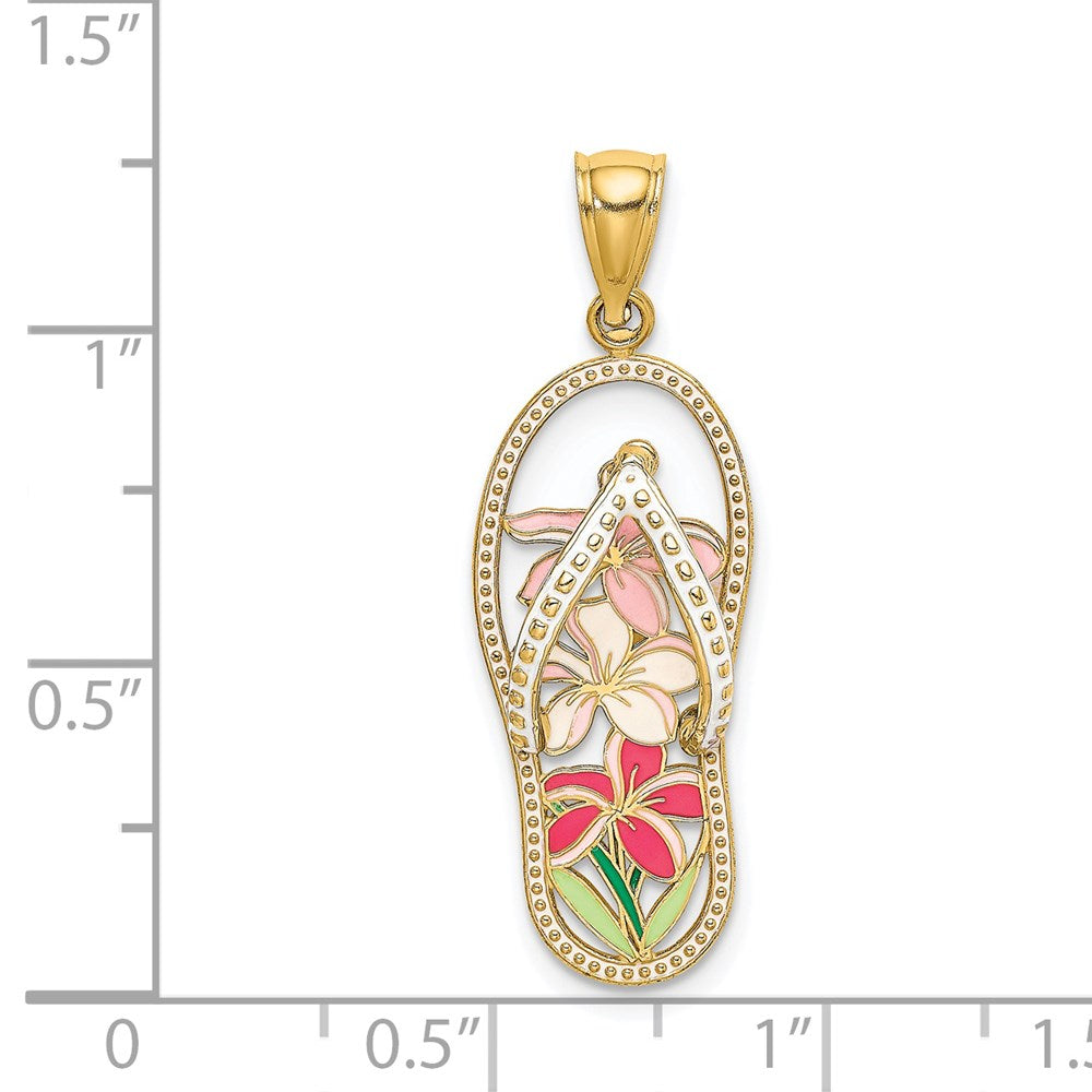 14K Gelbgold Charm „Flip-Flop" mit mehrfarbigem Blumen-Emaille
